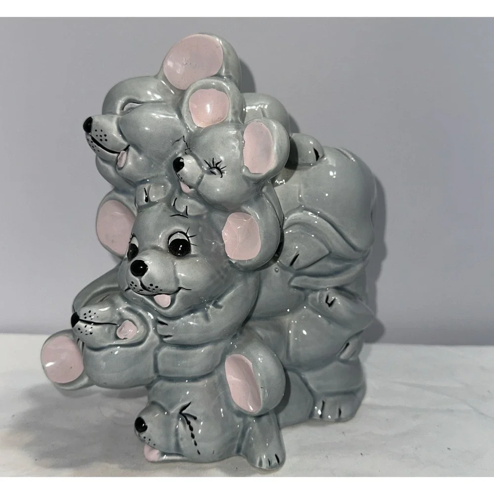 Vintage Ceramic Happy Mice Piggy Bank - Smiling Stacked Mice - 7.75